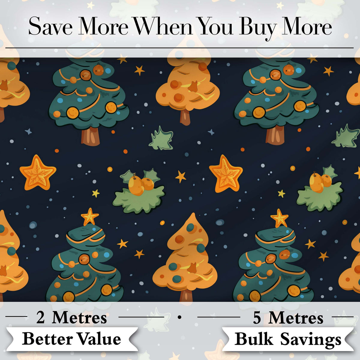 Christmas Trees with Stars and Holly Night  Festive Illustration Digital Print Fabric by the Metre UK Sewing Quilting Textile