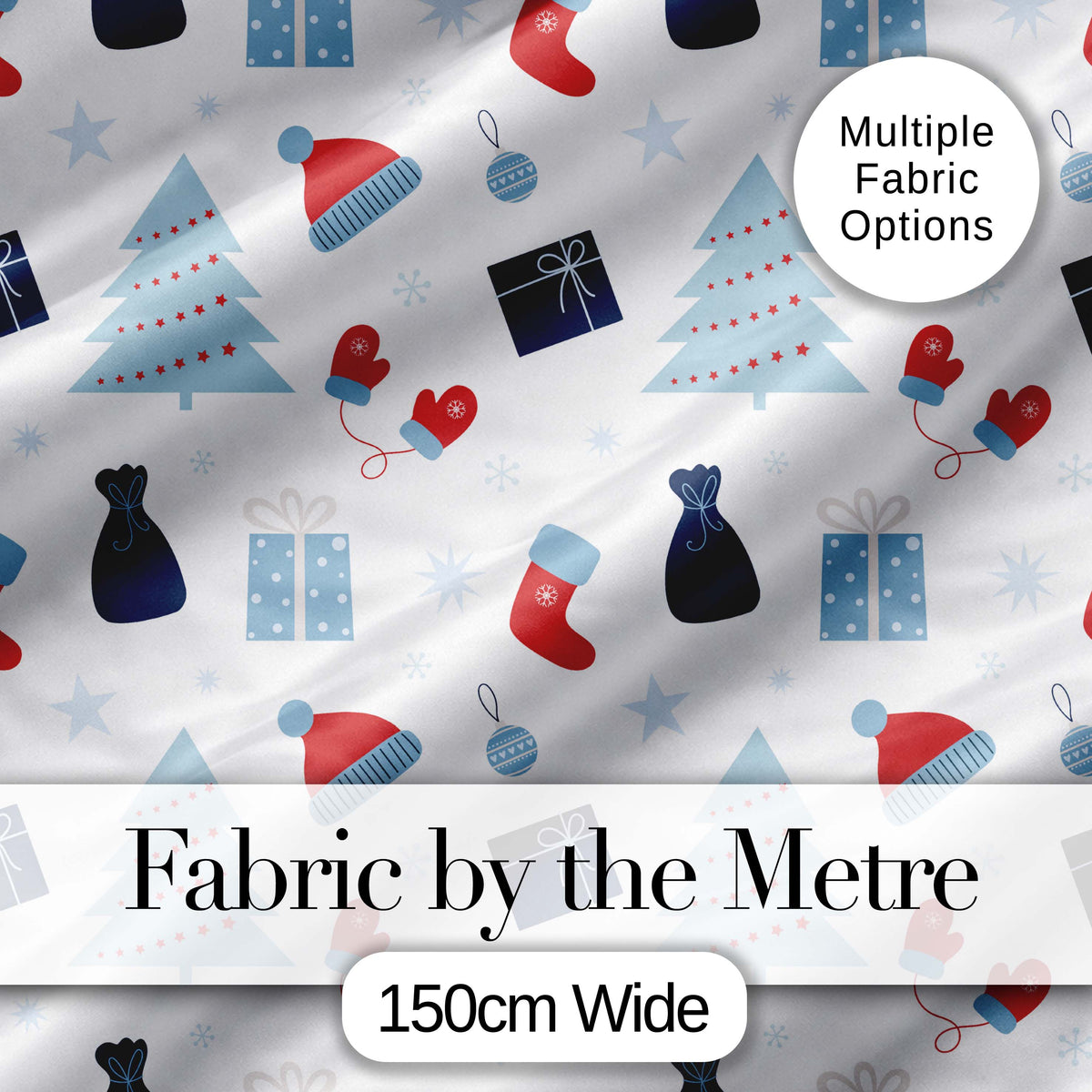 Christmas Gifts Stockings Mittens and Trees Seamless Festive Holiday Background Digital Print Fabric by the Metre UK Sewing Quilting Textile
