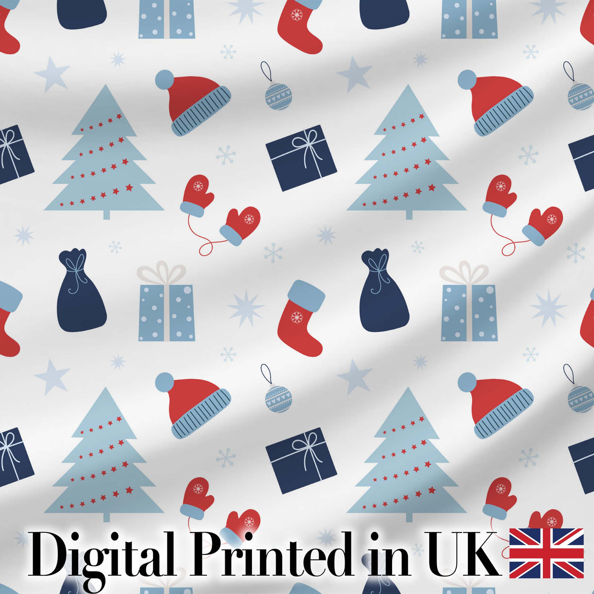 Christmas Gifts Stockings Mittens and Trees Seamless Festive Holiday Background Digital Print Fabric by the Metre UK Sewing Quilting Textile