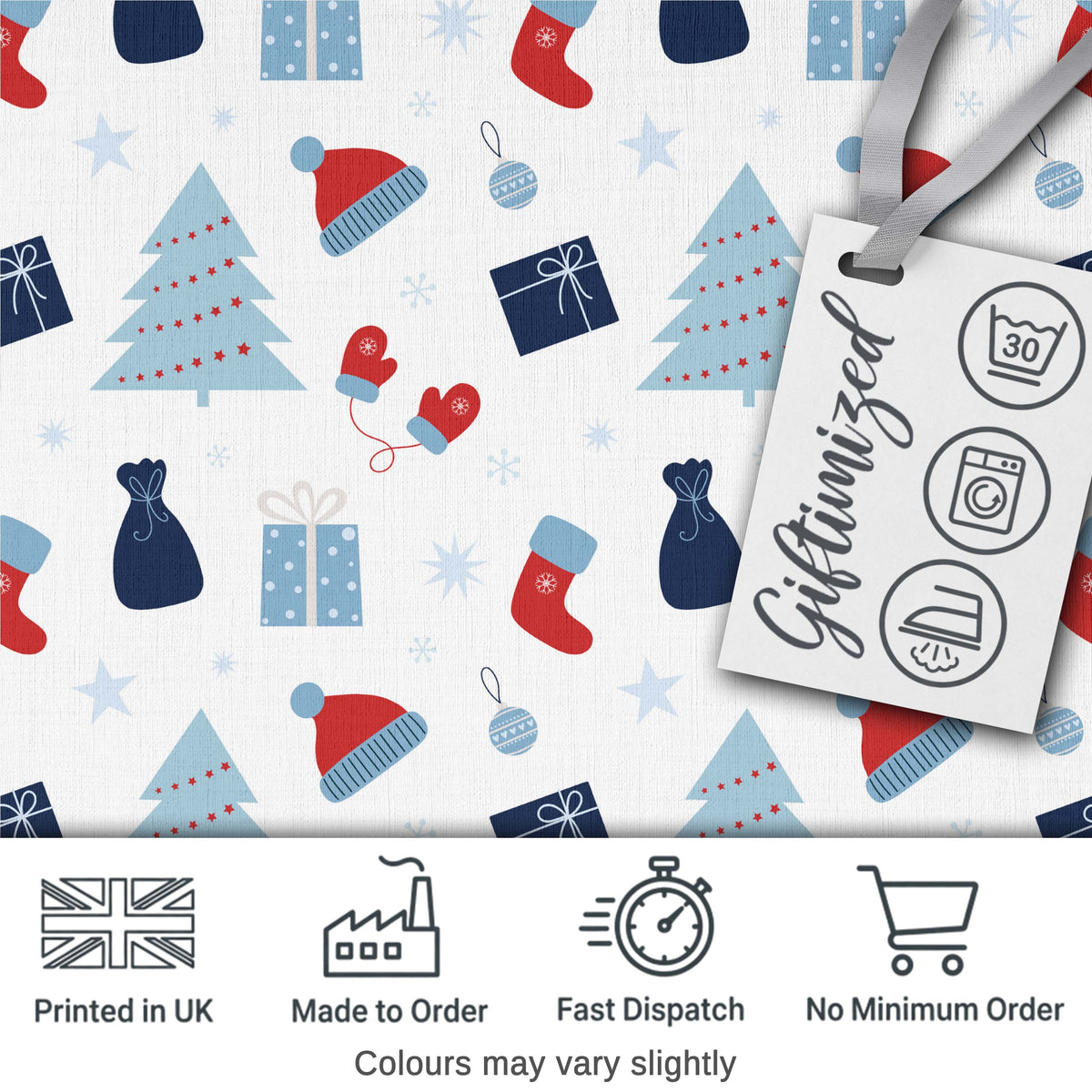 Christmas Gifts Stockings Mittens and Trees Seamless Festive Holiday Background Digital Print Fabric by the Metre UK Sewing Quilting Textile
