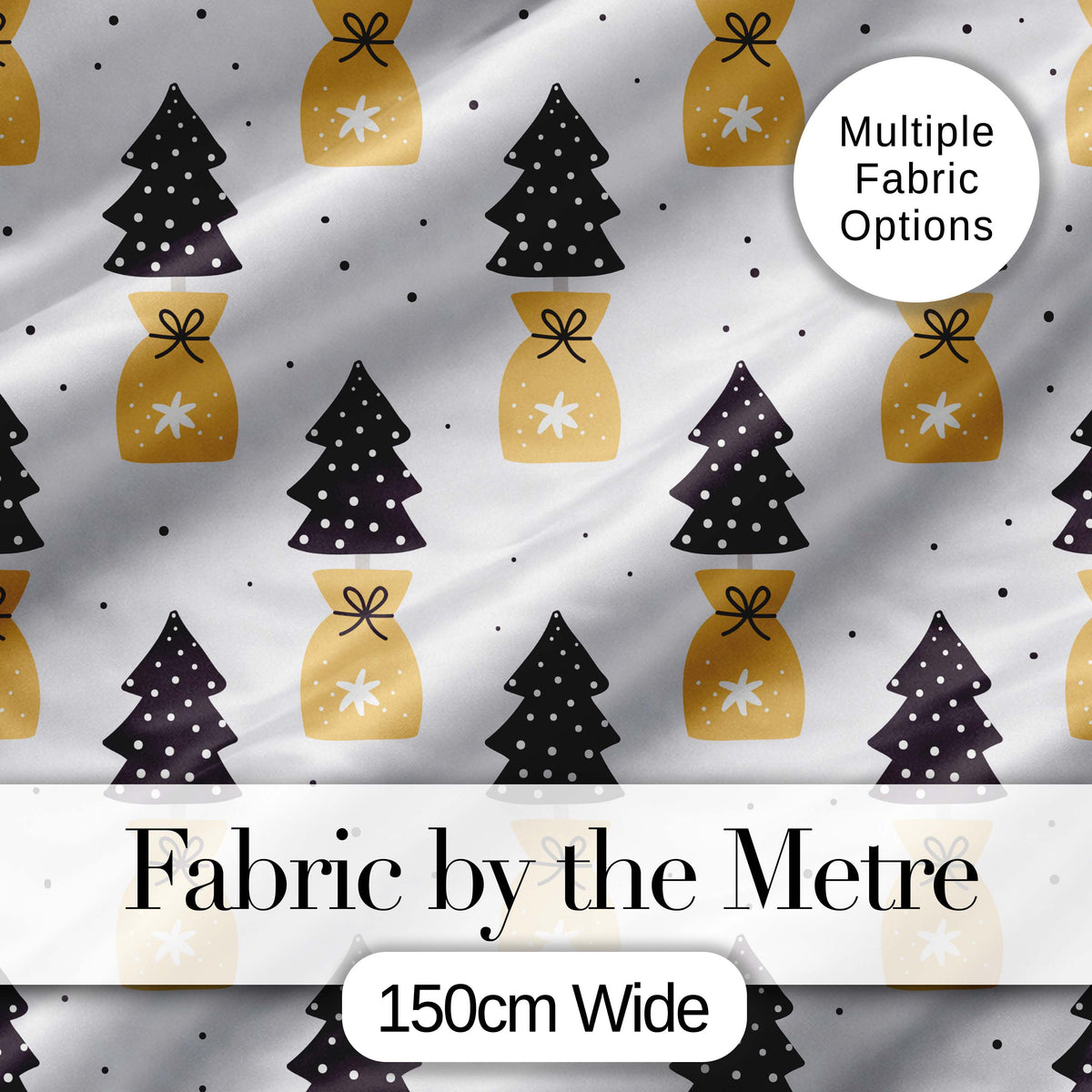 Black Christmas Trees and Gift Bags Seamless Pattern Modern Holiday Design Digital Print Fabric by the Metre UK Sewing Quilting Textile