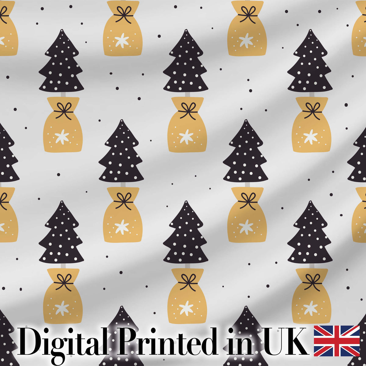 Black Christmas Trees and Gift Bags Seamless Pattern Modern Holiday Design Digital Print Fabric by the Metre UK Sewing Quilting Textile