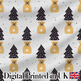 Black Christmas Trees and Gift Bags Seamless Pattern Modern Holiday Design Digital Print Fabric by the Metre UK Sewing Quilting Textile