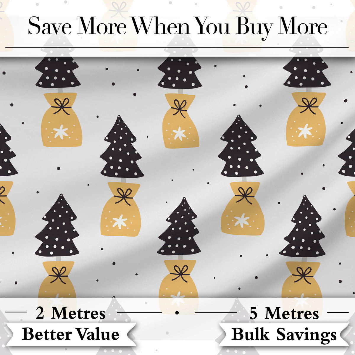 Black Christmas Trees and Gift Bags Seamless Pattern Modern Holiday Design Digital Print Fabric by the Metre UK Sewing Quilting Textile