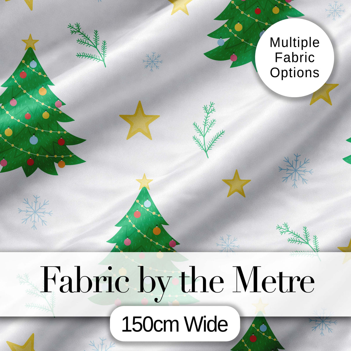 Decorated Christmas Trees with Stars and Snowflakes Bright Holiday Theme Digital Print Fabric by the Metre UK Sewing Quilting Textile