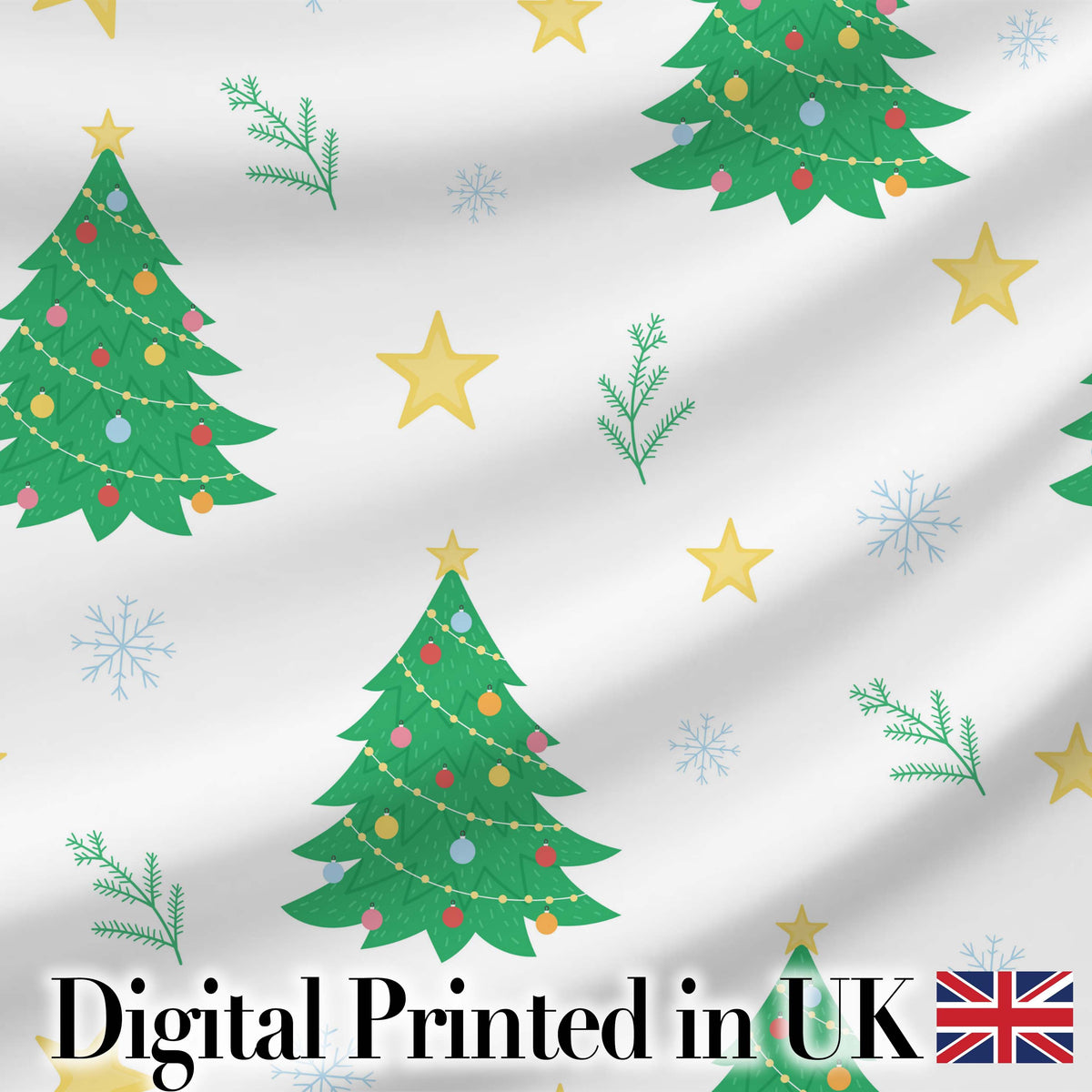 Decorated Christmas Trees with Stars and Snowflakes Bright Holiday Theme Digital Print Fabric by the Metre UK Sewing Quilting Textile