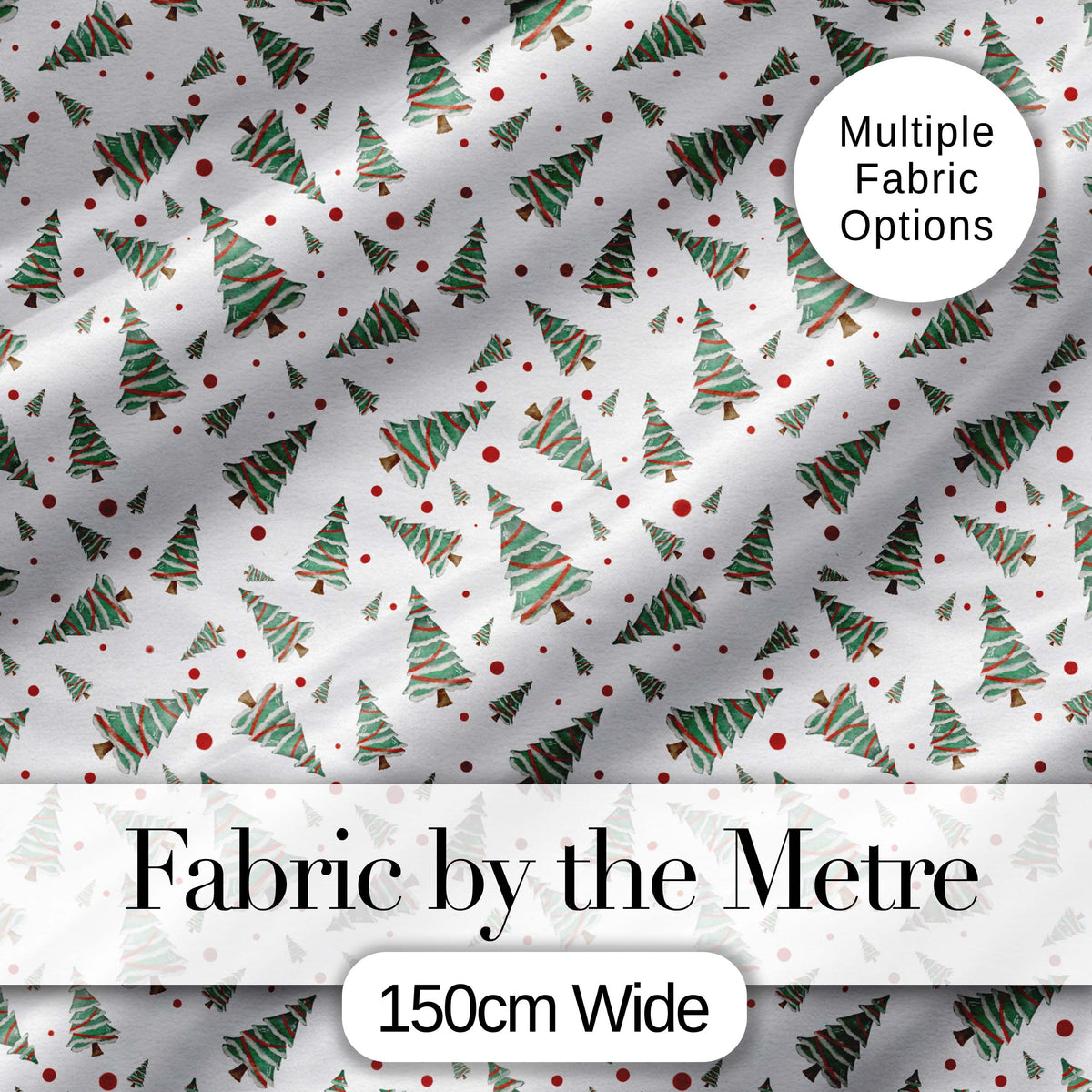 Watercolor Christmas Trees with Red Snow Dots Seamless Pattern Background Digital Print Fabric by the Metre UK Sewing Quilting Textile