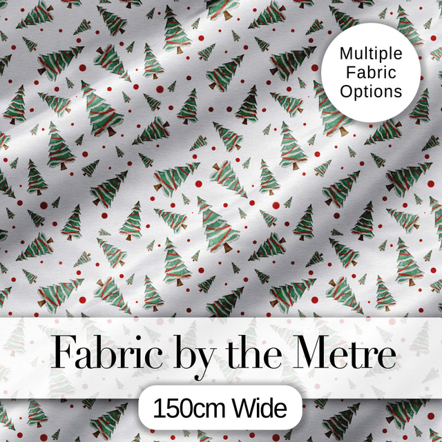 Watercolor Christmas Trees with Red Snow Dots Seamless Pattern Background Digital Print Fabric by the Metre UK Sewing Quilting Textile
