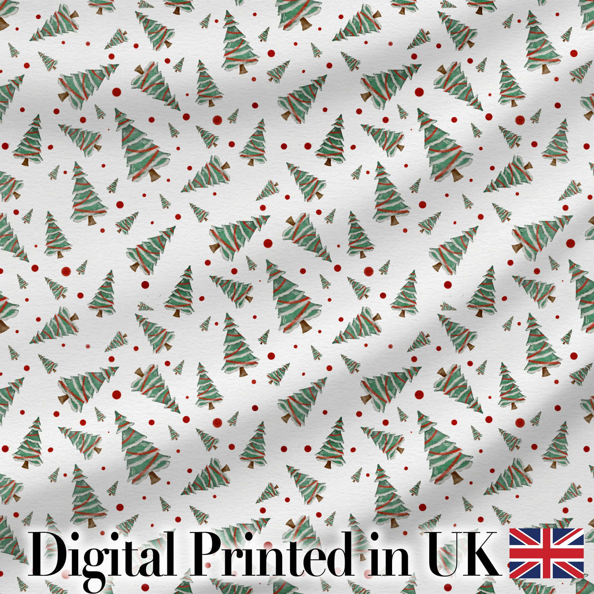 Watercolor Christmas Trees with Red Snow Dots Seamless Pattern Background Digital Print Fabric by the Metre UK Sewing Quilting Textile