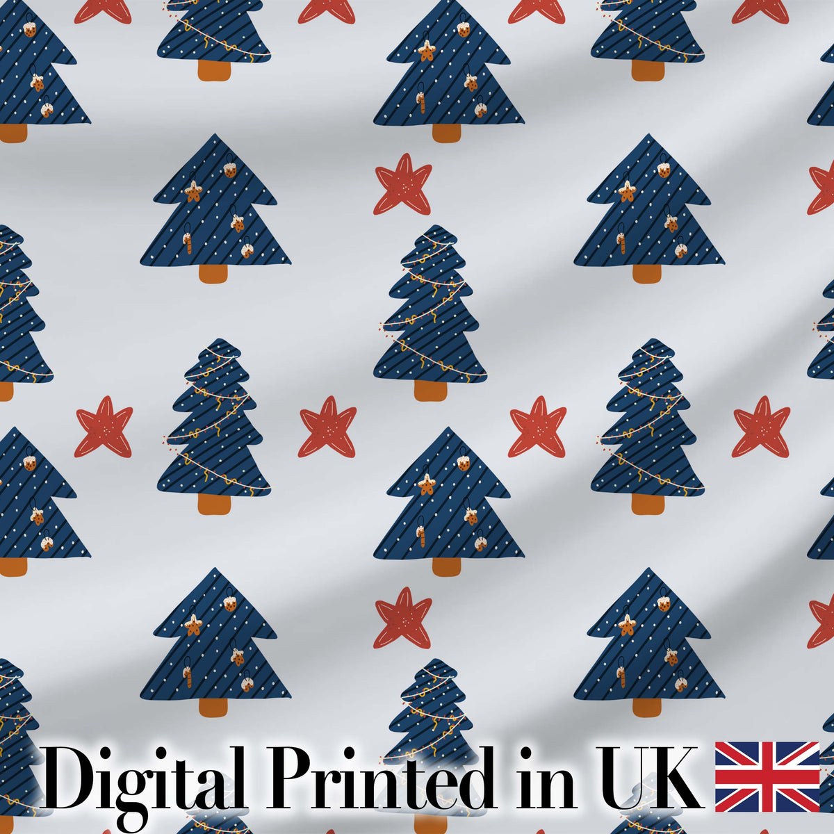 Blue Christmas Trees with Stars and Hanging Ornaments Seamless Pattern  Digital Print Fabric by the Metre UK Sewing Quilting Textile