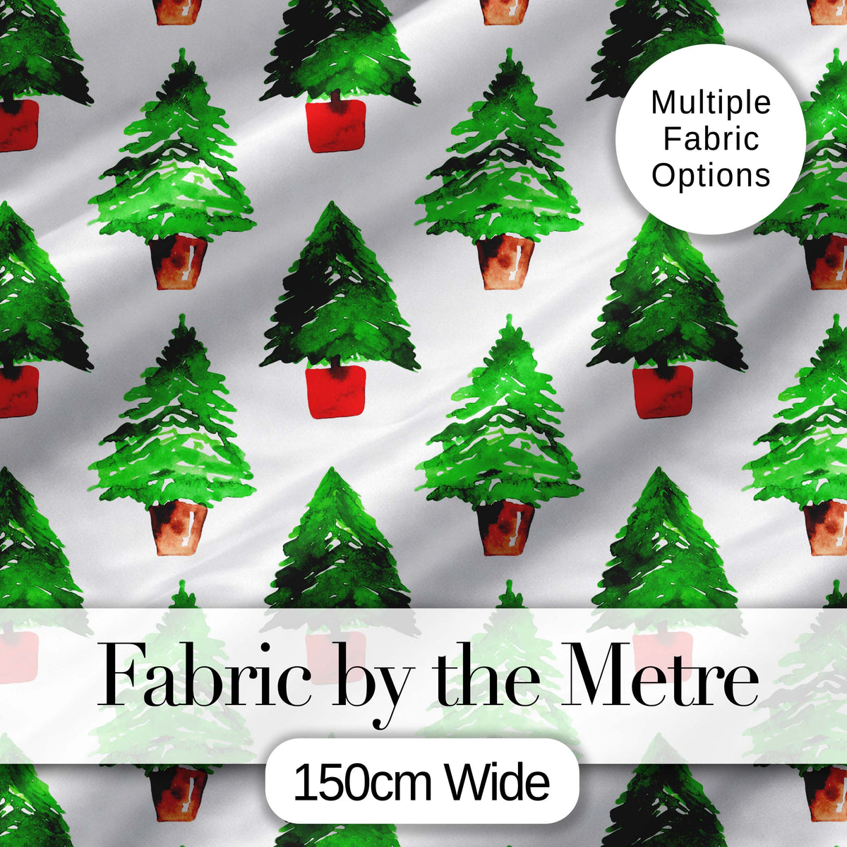 Watercolor Christmas Trees in Pots Hand Painted Seamless PatternFabric Digital Print Fabric by the Metre UK Sewing Quilting Textile