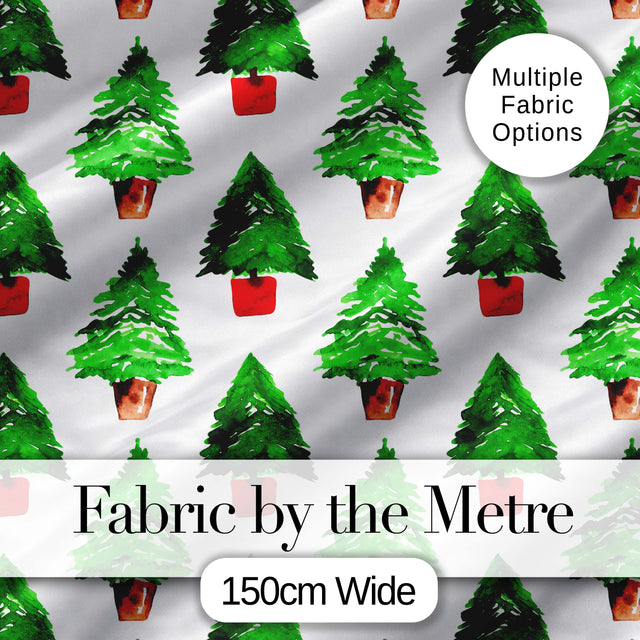 Watercolor Christmas Trees in Pots Hand Painted Seamless PatternFabric Digital Print Fabric by the Metre UK Sewing Quilting Textile