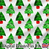 Watercolor Christmas Trees in Pots Hand Painted Seamless PatternFabric Digital Print Fabric by the Metre UK Sewing Quilting Textile