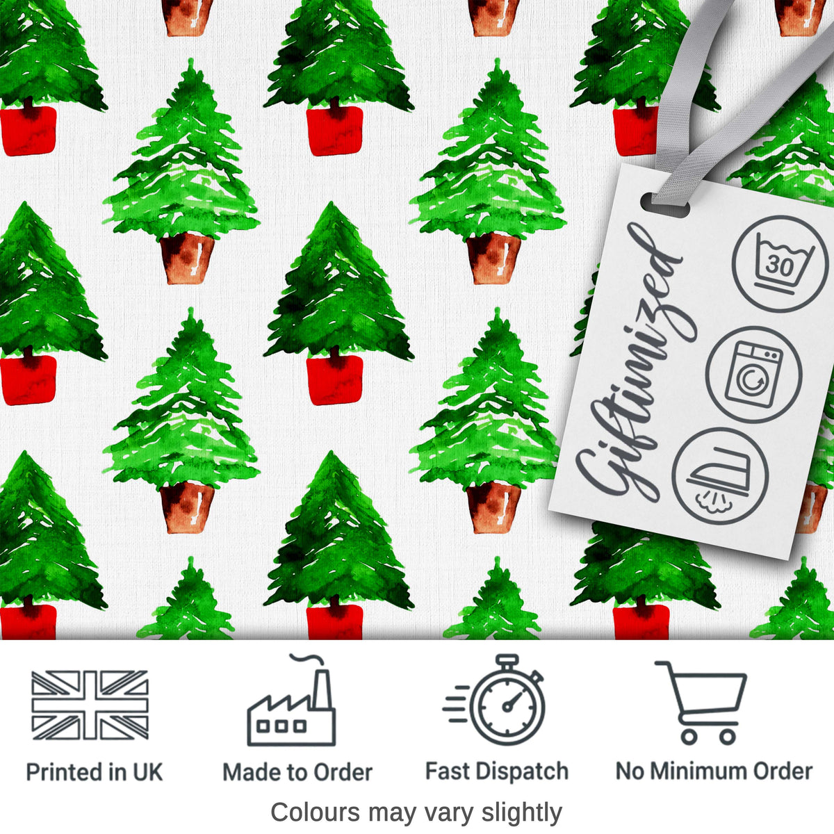 Watercolor Christmas Trees in Pots Hand Painted Seamless PatternFabric Digital Print Fabric by the Metre UK Sewing Quilting Textile