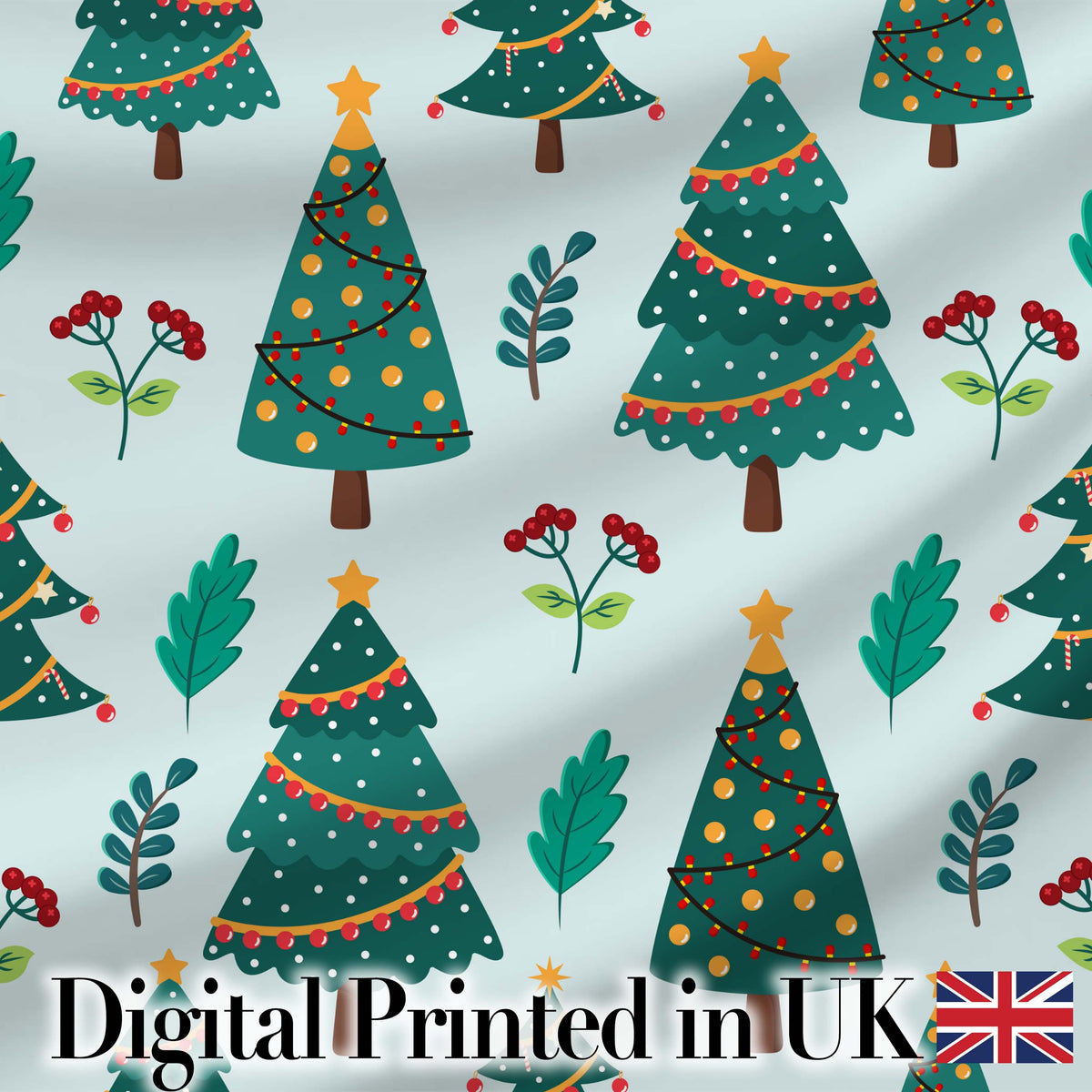 Decorated Christmas Trees with Lights and Berries Festive Winter Holiday Design Digital Print Fabric by the Metre UK Sewing Quilting Textile