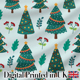 Decorated Christmas Trees with Lights and Berries Festive Winter Holiday Design Digital Print Fabric by the Metre UK Sewing Quilting Textile