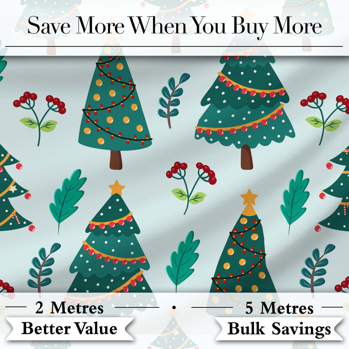 Decorated Christmas Trees with Lights and Berries Festive Winter Holiday Design Digital Print Fabric by the Metre UK Sewing Quilting Textile