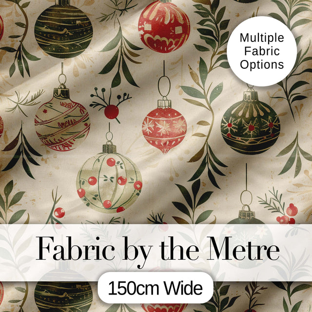 Vintage Christmas Baubles with Leaves and Berries  Classic Holiday Fabric Digital Print Fabric by the Metre UK Sewing Quilting Textile
