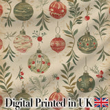 Vintage Christmas Baubles with Leaves and Berries  Classic Holiday Fabric Digital Print Fabric by the Metre UK Sewing Quilting Textile