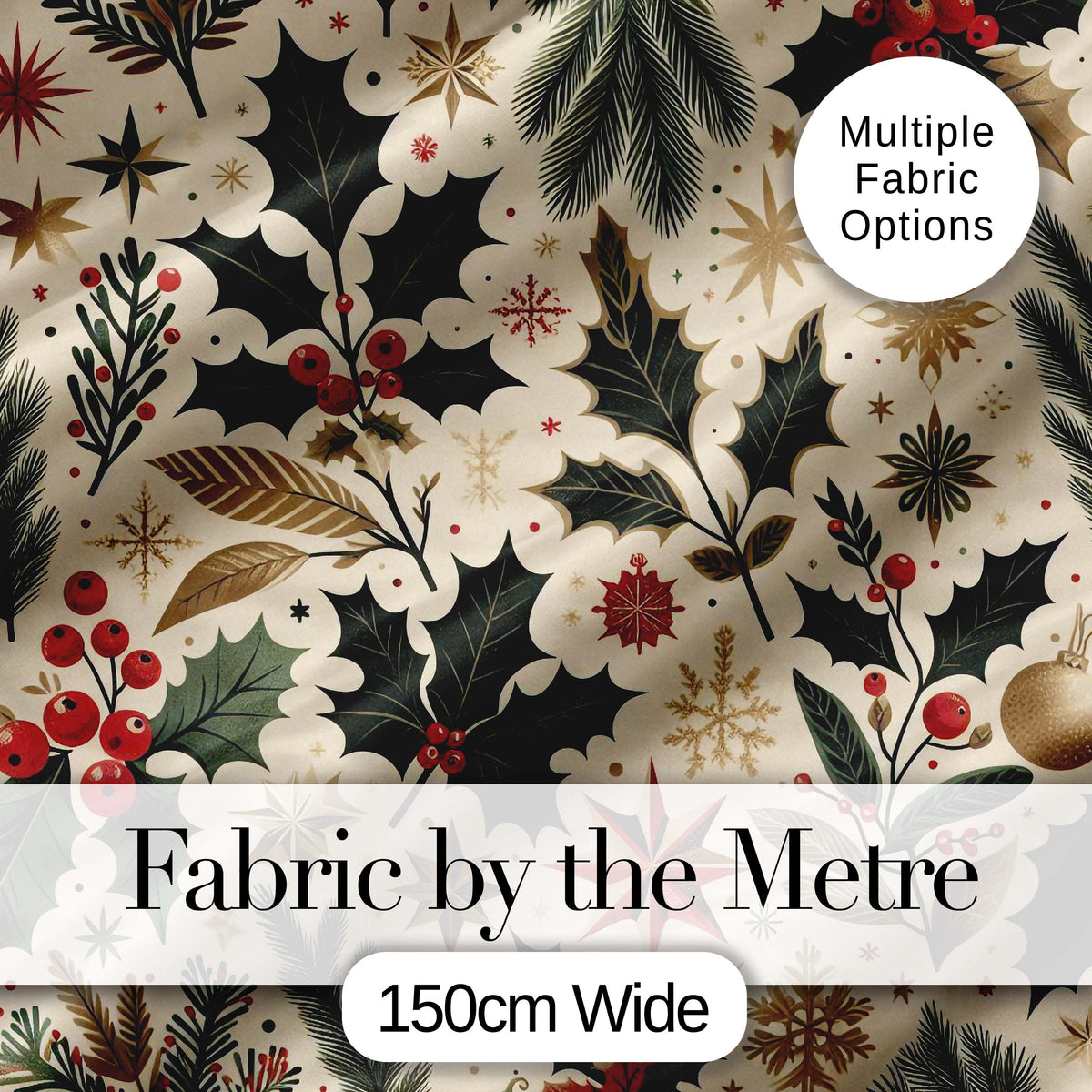 Elegant Christmas Holly Leaves with Berries and Stars  Festive Vintage Design Digital Print Fabric by the Metre UK Sewing Quilting Textile