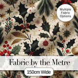 Elegant Christmas Holly Leaves with Berries and Stars  Festive Vintage Design Digital Print Fabric by the Metre UK Sewing Quilting Textile