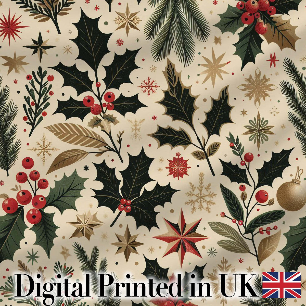 Elegant Christmas Holly Leaves with Berries and Stars  Festive Vintage Design Digital Print Fabric by the Metre UK Sewing Quilting Textile