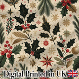 Elegant Christmas Holly Leaves with Berries and Stars  Festive Vintage Design Digital Print Fabric by the Metre UK Sewing Quilting Textile