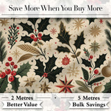 Elegant Christmas Holly Leaves with Berries and Stars  Festive Vintage Design Digital Print Fabric by the Metre UK Sewing Quilting Textile