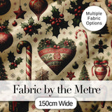 Vintage Christmas Ornaments Holly Berries, Candy Canes Classic Holiday Design Digital Print Fabric by the Metre UK Sewing Quilting Textile