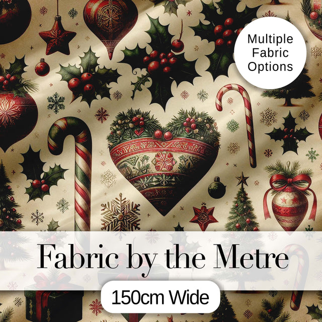 Vintage Christmas Ornaments Holly Berries, Candy Canes Classic Holiday Design Digital Print Fabric by the Metre UK Sewing Quilting Textile