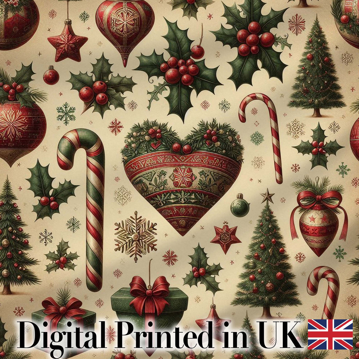 Vintage Christmas Ornaments Holly Berries, Candy Canes Classic Holiday Design Digital Print Fabric by the Metre UK Sewing Quilting Textile