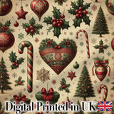 Vintage Christmas Ornaments Holly Berries, Candy Canes Classic Holiday Design Digital Print Fabric by the Metre UK Sewing Quilting Textile