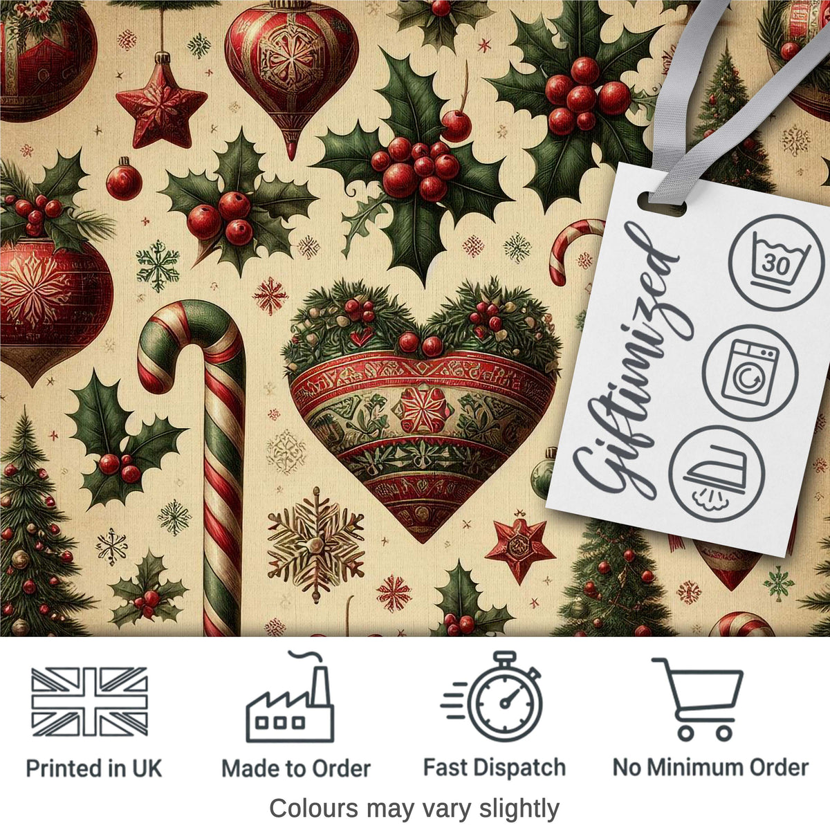 Vintage Christmas Ornaments Holly Berries, Candy Canes Classic Holiday Design Digital Print Fabric by the Metre UK Sewing Quilting Textile