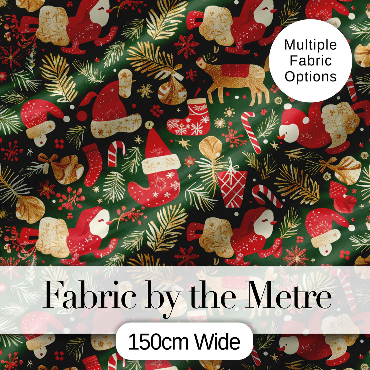 Festive Santa Reindeer Socks and Candy Canes  Christmas Green Background Design Digital Print Fabric by the Metre UK Sewing Quilting Textile