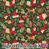 Festive Santa Reindeer Socks and Candy Canes  Christmas Green Background Design Digital Print Fabric by the Metre UK Sewing Quilting Textile