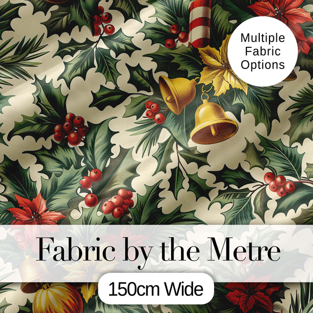 Elegant Christmas Holly Leaves with Bells and Poinsettia Festive Classic Design Digital Print Fabric by the Metre UK Sewing Quilting Textile