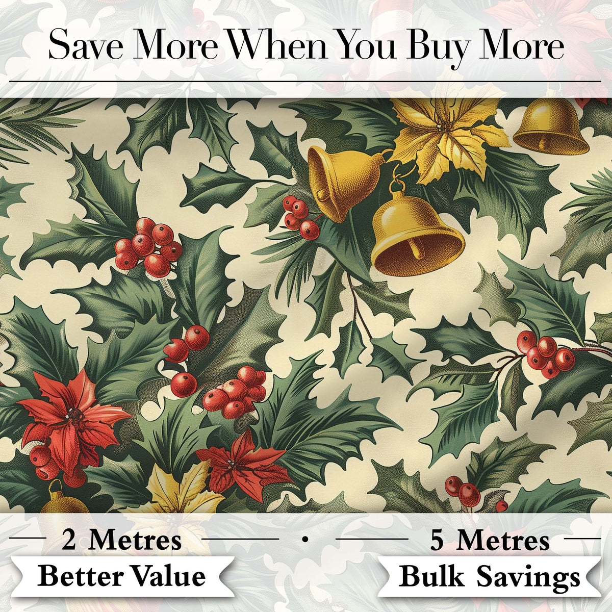 Elegant Christmas Holly Leaves with Bells and Poinsettia Festive Classic Design Digital Print Fabric by the Metre UK Sewing Quilting Textile