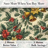 Elegant Christmas Holly Leaves with Bells and Poinsettia Festive Classic Design Digital Print Fabric by the Metre UK Sewing Quilting Textile