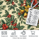 Elegant Christmas Holly Leaves with Bells and Poinsettia Festive Classic Design Digital Print Fabric by the Metre UK Sewing Quilting Textile