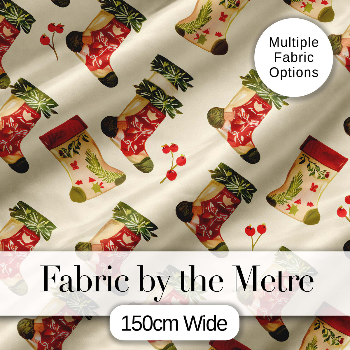 Watercolor Christmas Stockings with Holly Berries Festive Holiday Fabric Design Digital Print Fabric by the Metre UK Sewing Quilting Textile