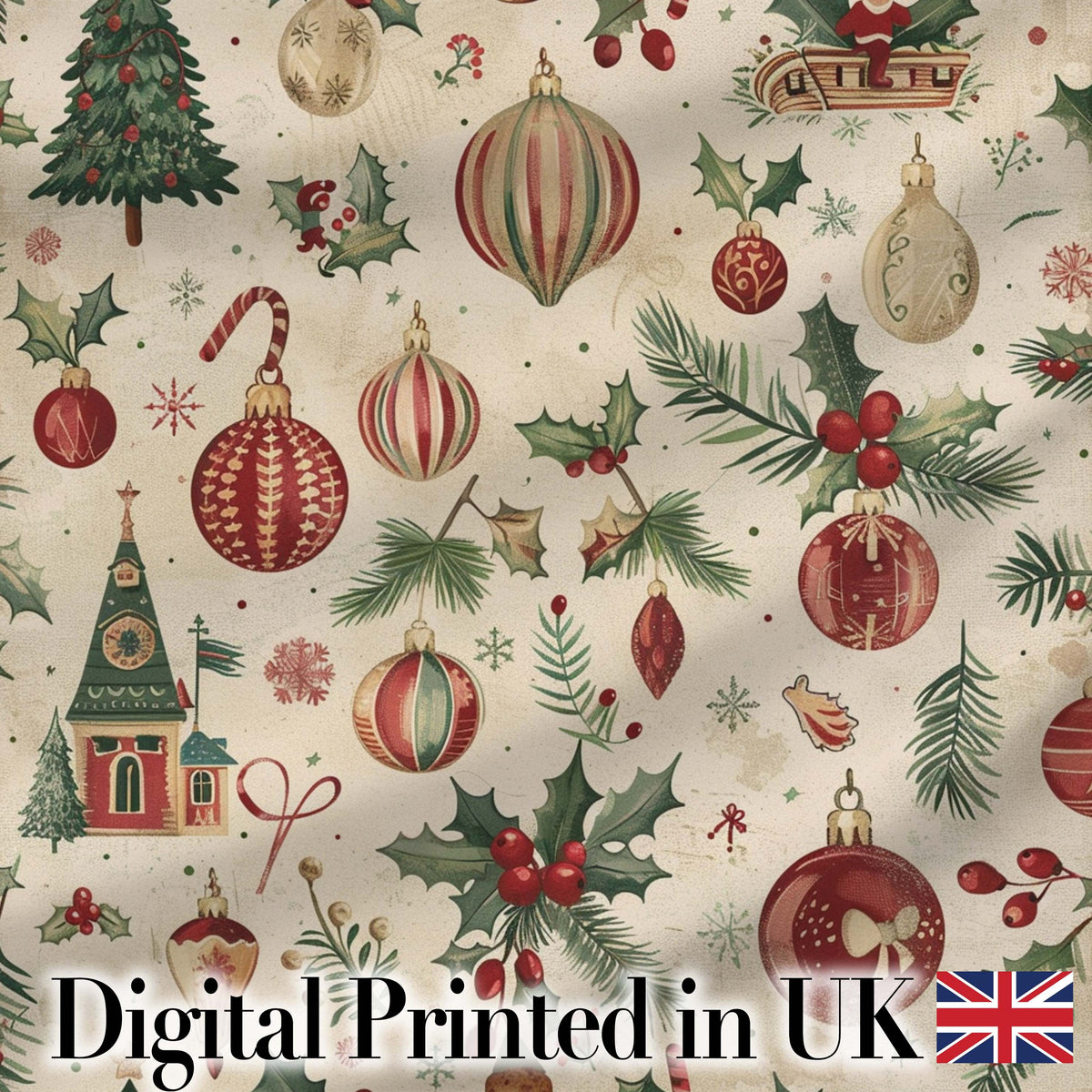 Vintage Christmas Baubles Holly Leaves and Winter Elements  Classic Festive Digital Print Fabric by the Metre UK Sewing Quilting Textile