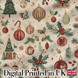 Vintage Christmas Baubles Holly Leaves and Winter Elements  Classic Festive Digital Print Fabric by the Metre UK Sewing Quilting Textile