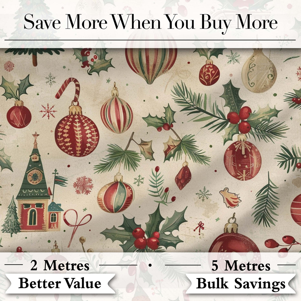 Vintage Christmas Baubles Holly Leaves and Winter Elements  Classic Festive Digital Print Fabric by the Metre UK Sewing Quilting Textile