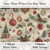 Vintage Christmas Baubles Holly Leaves and Winter Elements  Classic Festive Digital Print Fabric by the Metre UK Sewing Quilting Textile