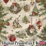 Vintage Christmas Wreaths Bells Baubles Seamless Pattern Festive Holiday Design Digital Print Fabric by the Metre UK Sewing Quilting Textile