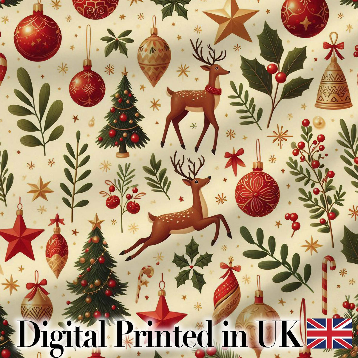 Festive Reindeer Christmas Trees Ornaments Seamless Pattern Holiday Design Digital Print Fabric by the Metre UK Sewing Quilting Textile