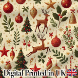 Festive Reindeer Christmas Trees Ornaments Seamless Pattern Holiday Design Digital Print Fabric by the Metre UK Sewing Quilting Textile