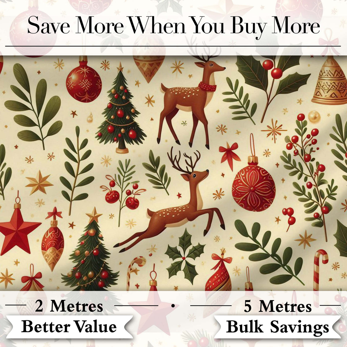 Festive Reindeer Christmas Trees Ornaments Seamless Pattern Holiday Design Digital Print Fabric by the Metre UK Sewing Quilting Textile
