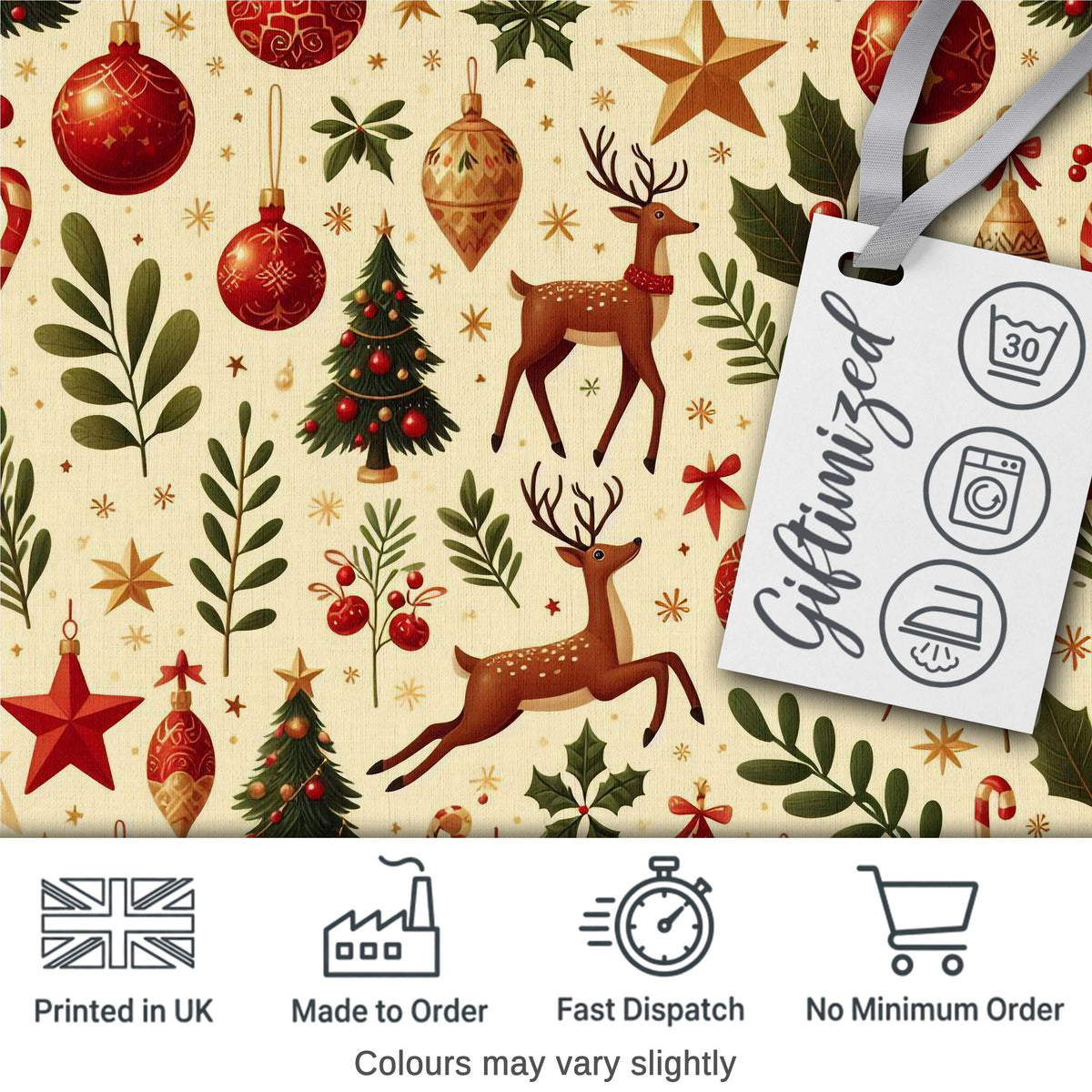 Festive Reindeer Christmas Trees Ornaments Seamless Pattern Holiday Design Digital Print Fabric by the Metre UK Sewing Quilting Textile
