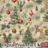 Vintage Woodland Christmas Tree Animals Ornaments  Holiday Design Digital Print Fabric by the Metre UK Sewing Quilting Textile